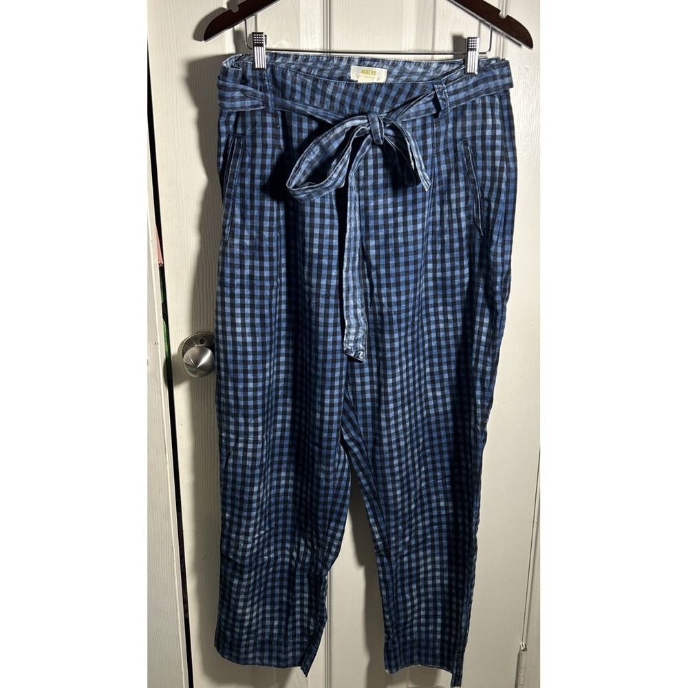 Maeve by Anthropologie Avryl Pants Womens 14 Blue Black Check Belted